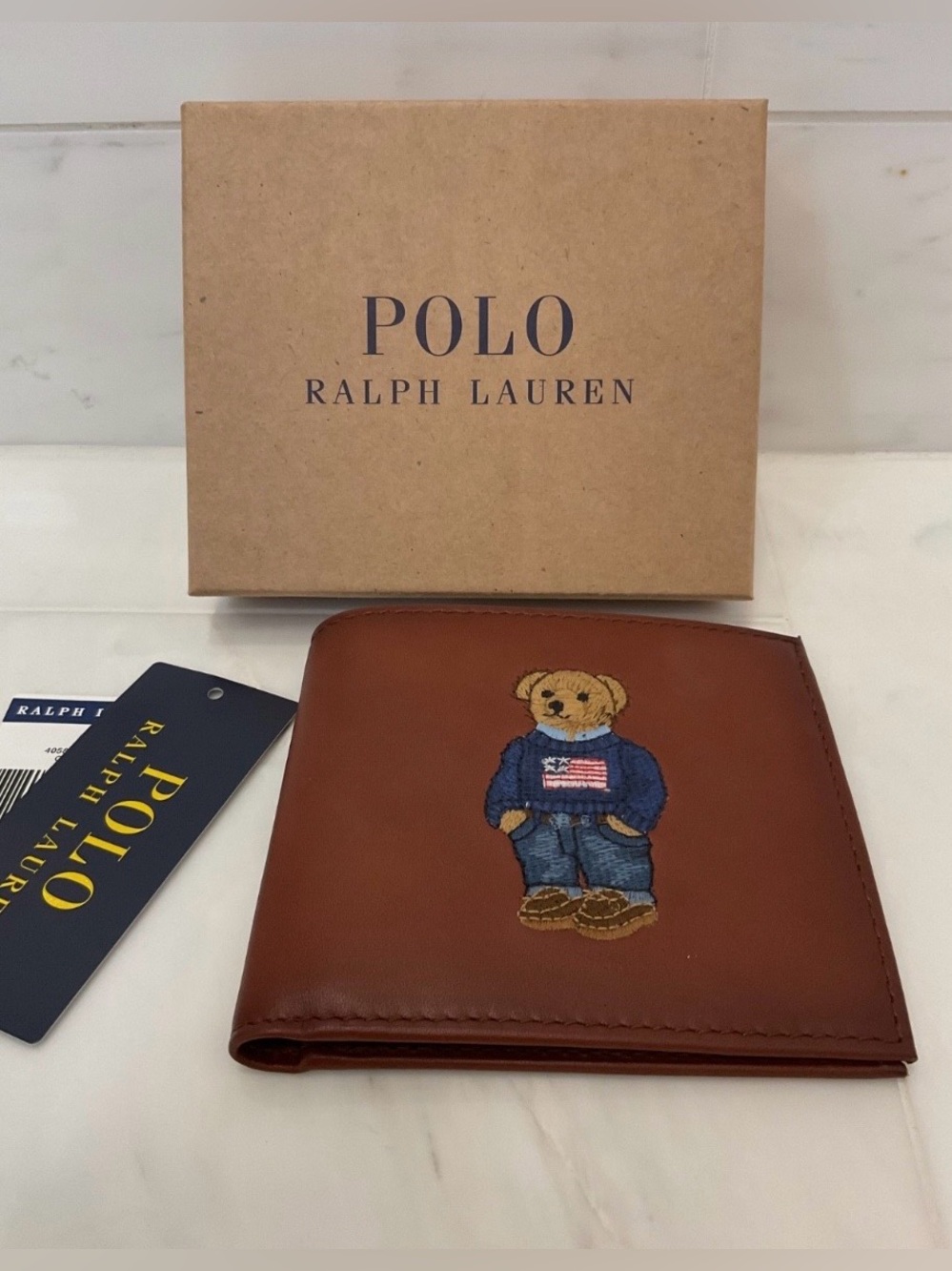 NIB Polo Ralph Lauren Brown FLAG SWEATER BEAR Leather Double Billfold Wallet